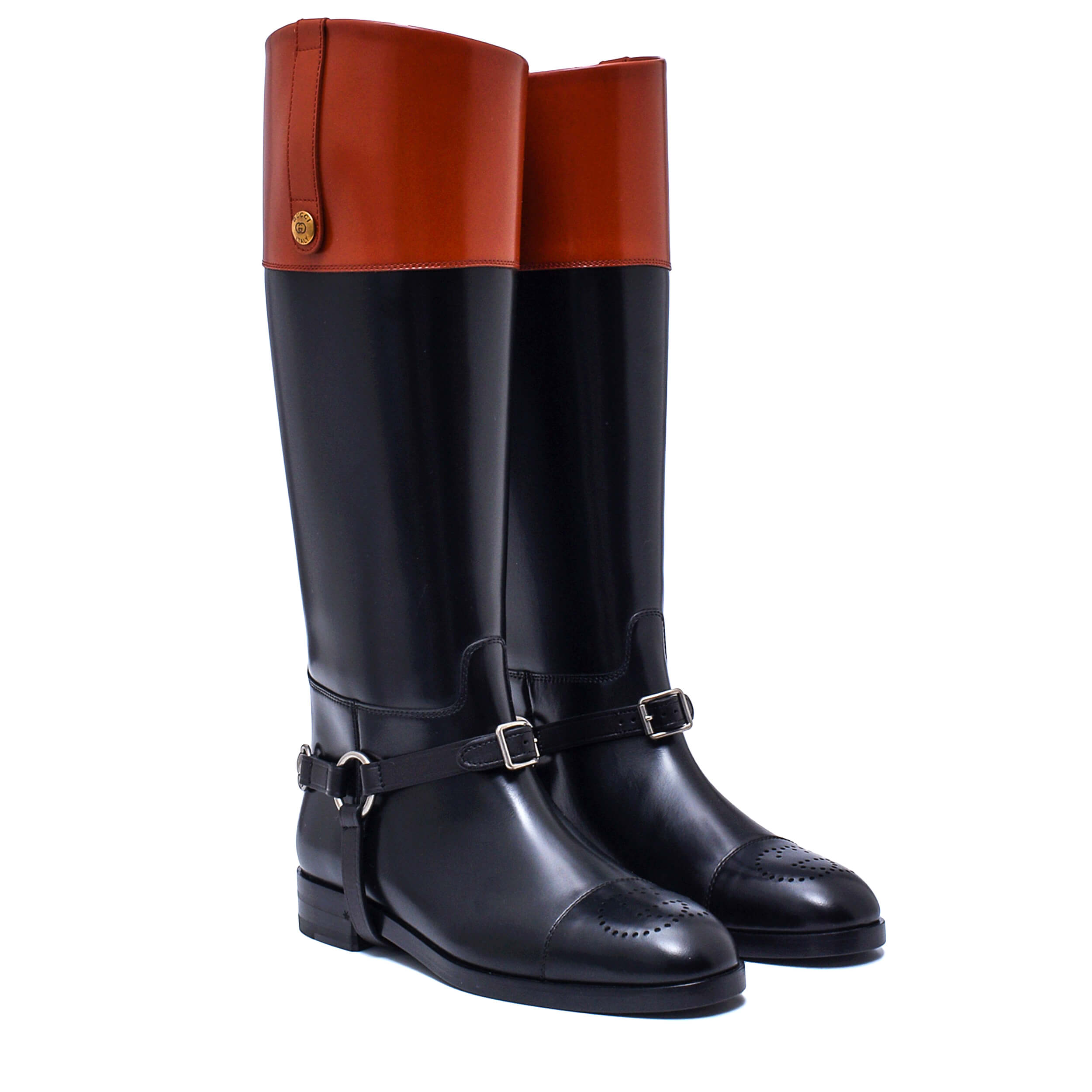 Gucci - Black Calfskin Leather Zelda Harness Knee High Rain Boots / 38.5